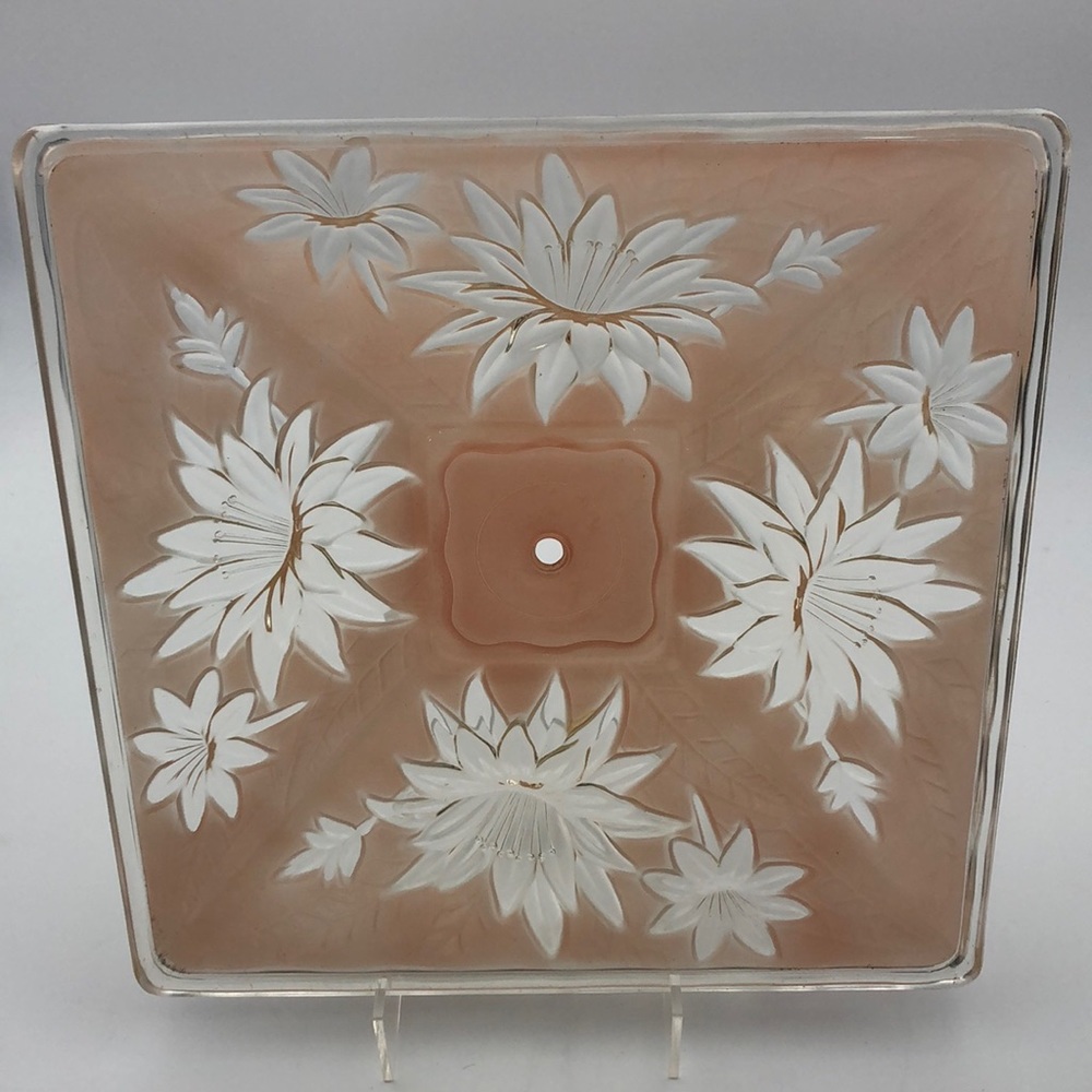 Vintage Pink Floral Lilies Pressed Glass Square Ceiling Light Fixture Shade